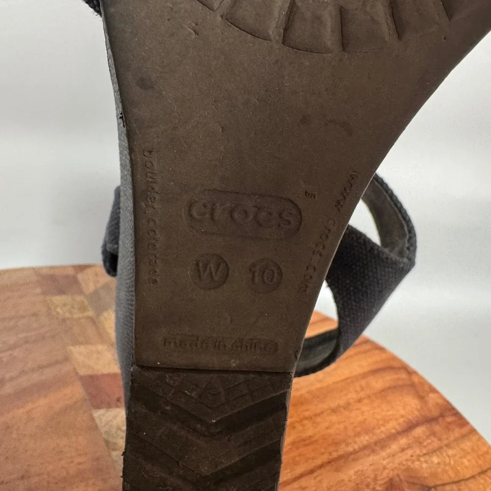 Crocs Leigh Wedge Sandals Black Canvas Ankle Strap Platform Womens Size 10